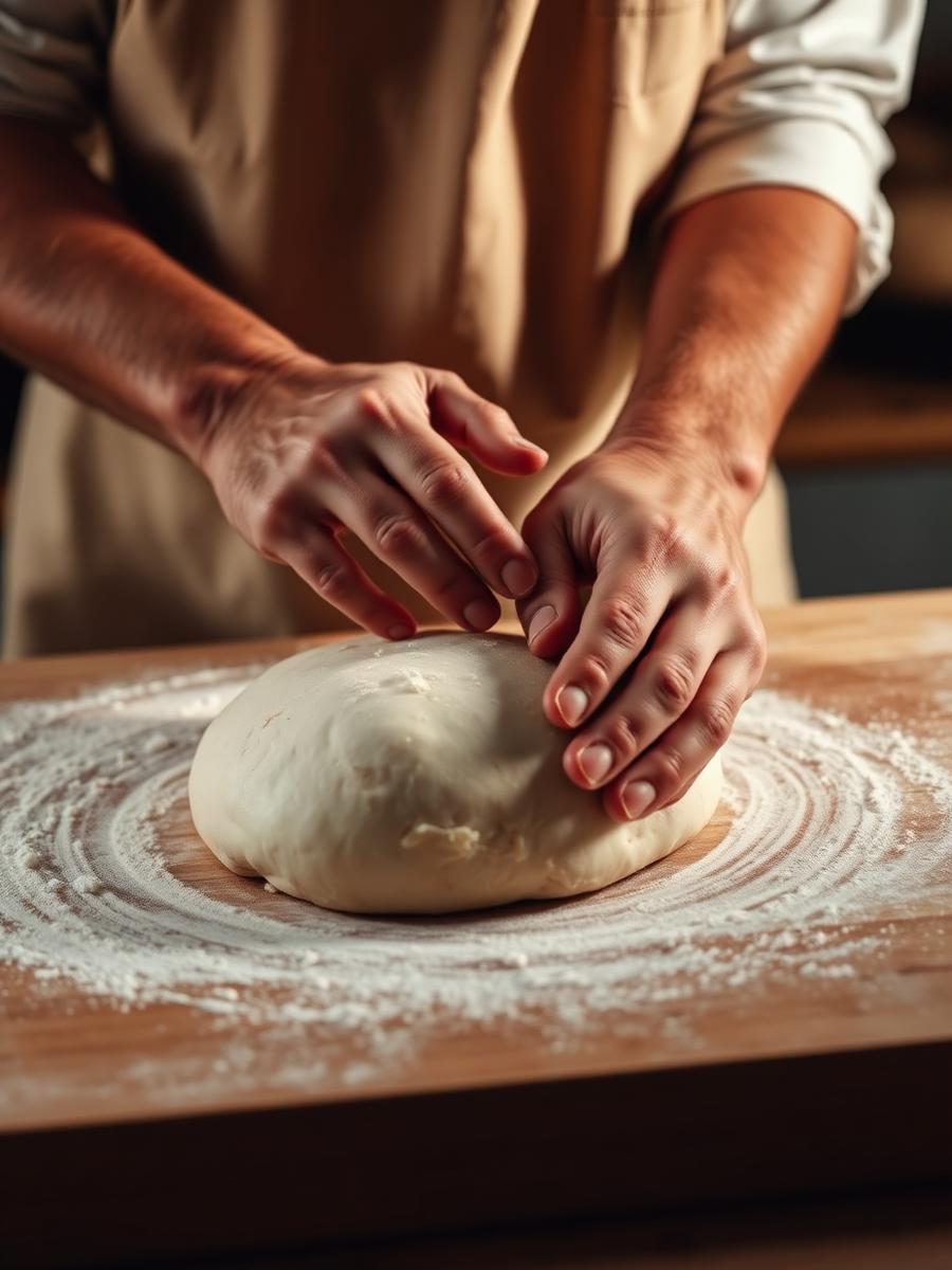 Le mani del fornaio impastano il pane