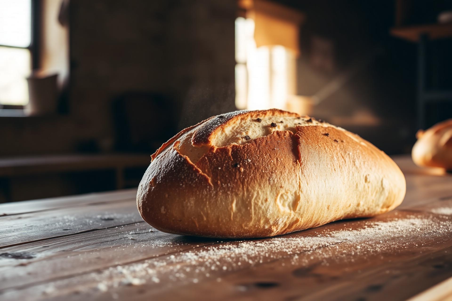Pane artigianale fresco su tavolo di legno